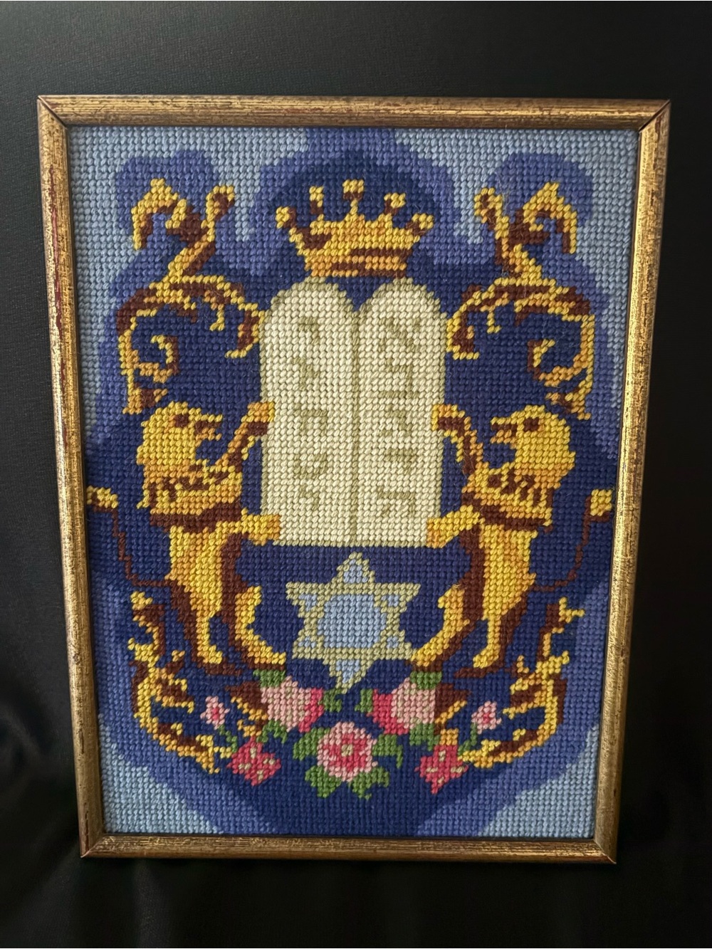 Vintage Framed Jewish Mizrach Needlepoint Ten Commandments Lions Star of David